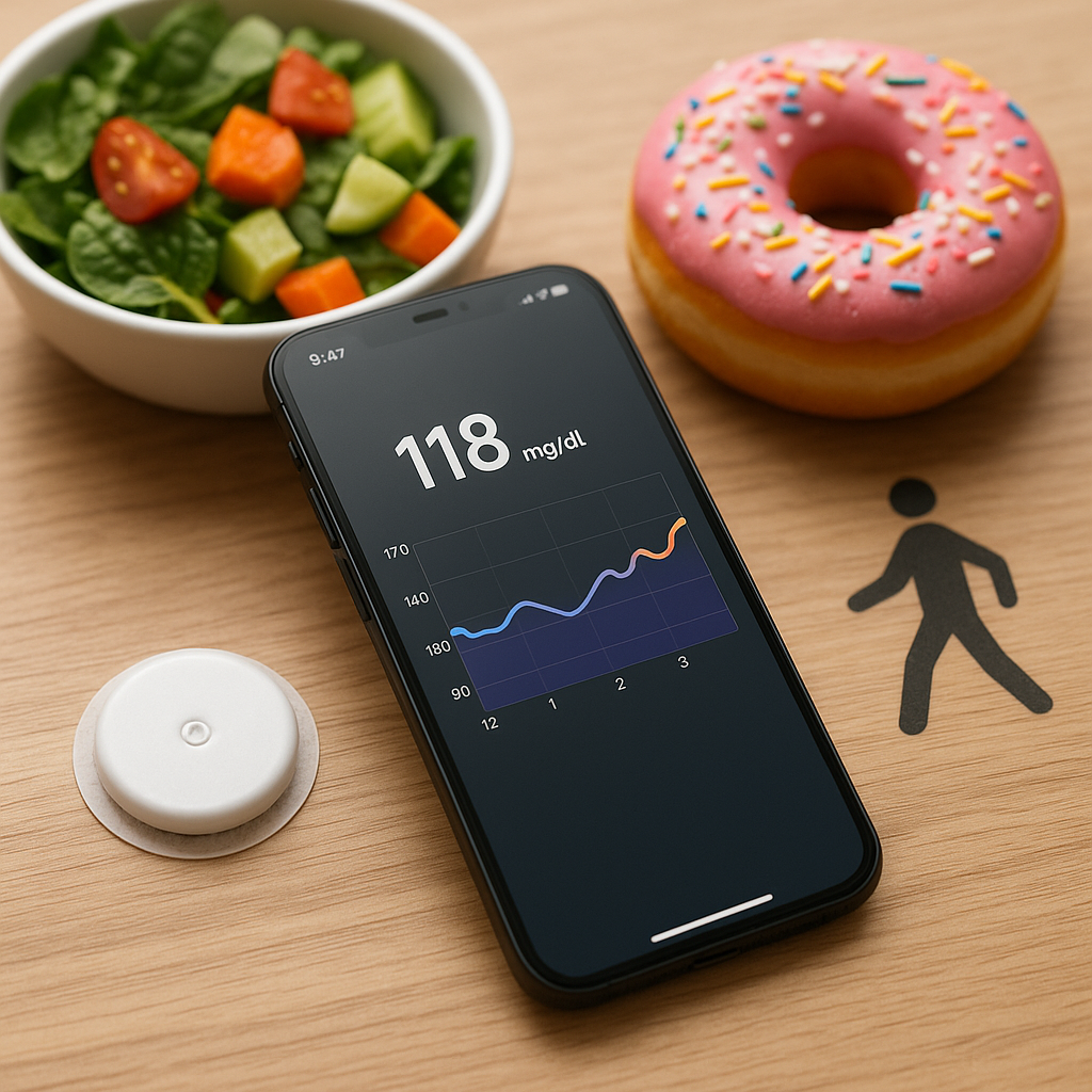 Смартфон показывает колебания сахара из CGM-датчика, а рядом — салат, пончик и силуэт шагающего человека — наглядная метафора того, как питание и движение сразу отражаются на уровне глюкозы.