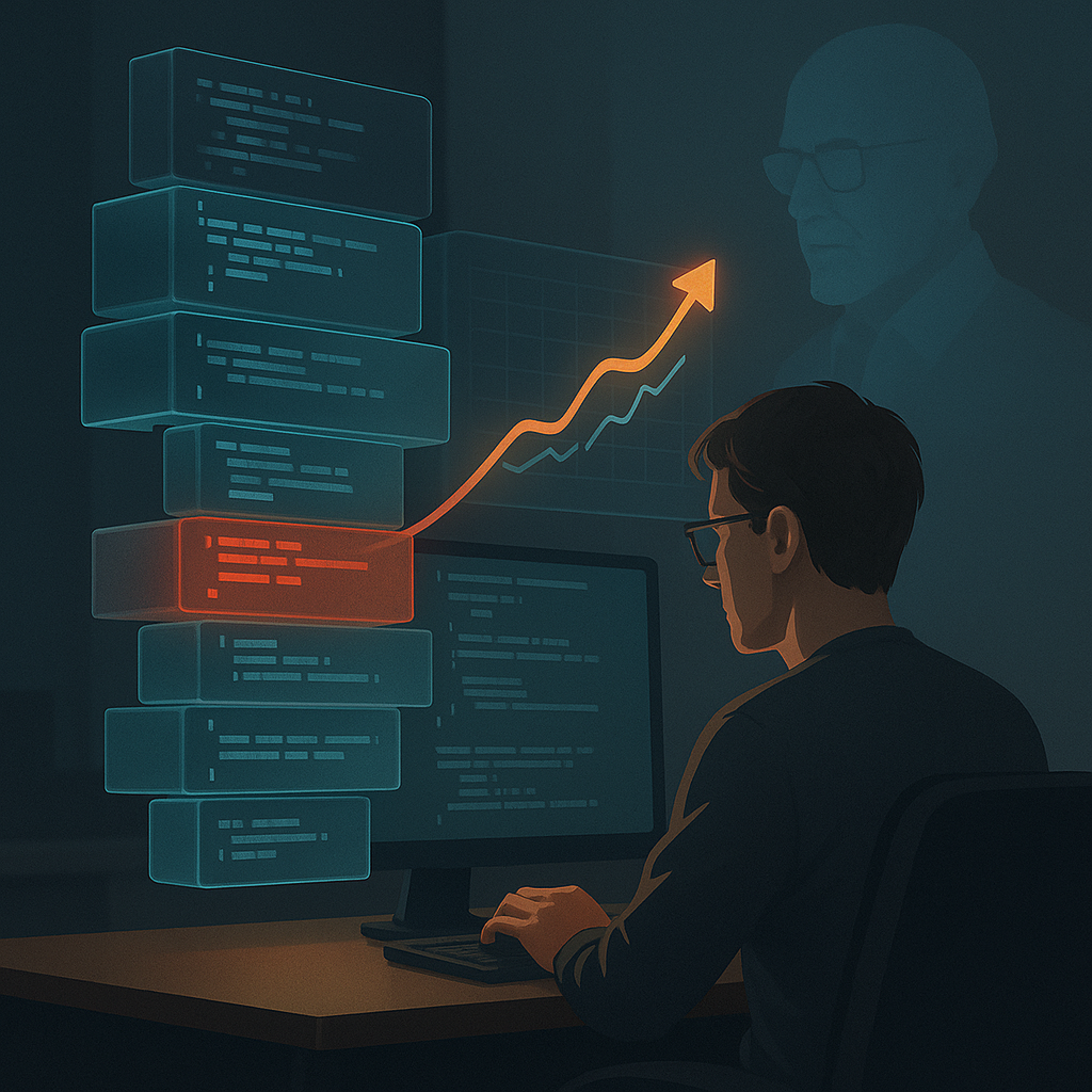 Программист изучает «горячие» участки кода, а над ним парят блоки-строки и график ускорения; призрачный силуэт Кнута напоминает, что оптимизация — дело тонкое и своевременное.