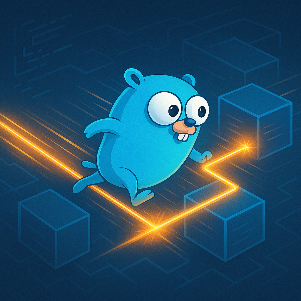 Голубой гофер Go стремительно «перепрыгивает» между кубами-процессами, оставляя за собой искристые оранжевые потоки событий — визуальная метафора сверхбыстрого in-process pub/sub.