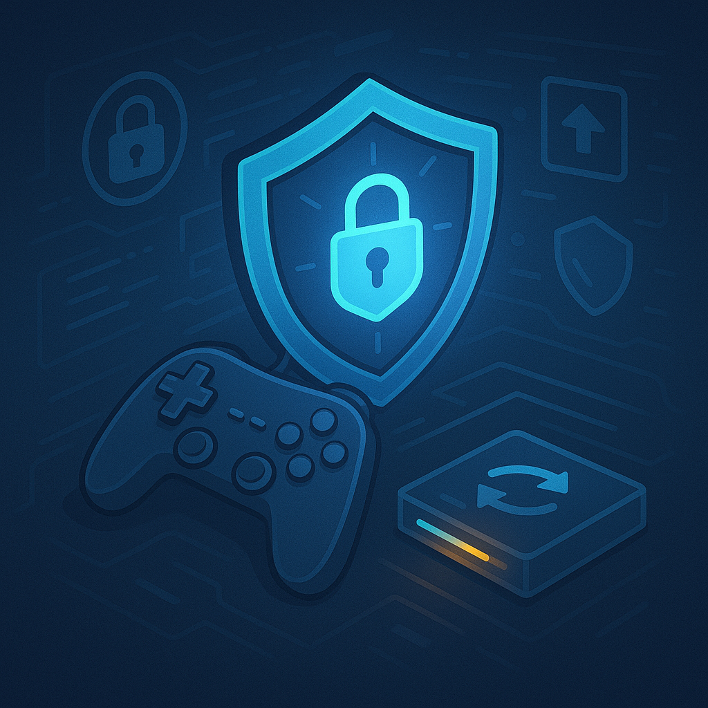 Щит с замком, гейм-контроллер и индикатор обновления на темно-синем «плате» символизируют защиту игр и постоянное слежение за апдейтами античита.