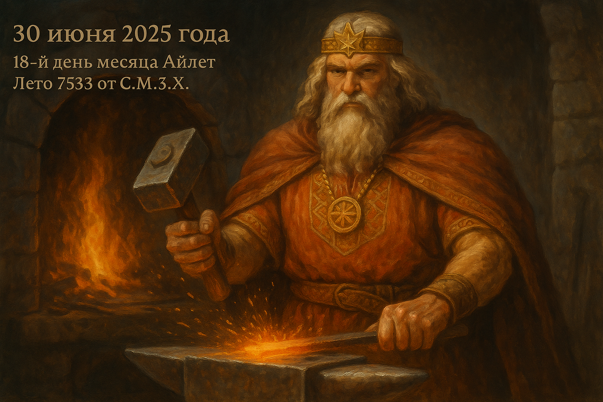 Сварог в своей Кузнице – Молот сверкает огнём. На наковальне – судьба рода, в каждом ударе – вечный закон Мироздания. Он строг, но справедлив. Он не вмешивается – но если призван – утвердит твою силу.