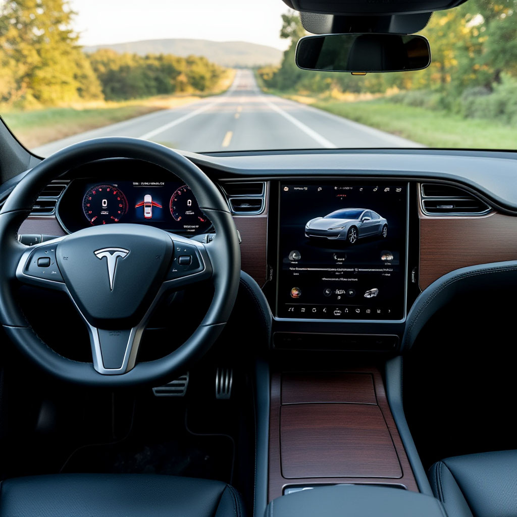 Панель приборов Tesla Model S во время включённого автопилота. Источник: ИИ