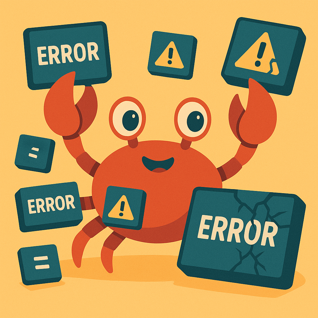 Ferris-краб жонглирует множеством разноцветных блоков «Error», показывая, как в Rust можно грамотно разделять разные типы ошибок вместо единого грубого enum.