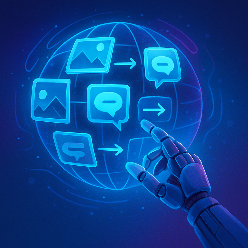 Роботизированная рука «собирает» светящийся шар из пиктограмм изображений, реплик и стрелок — визуальный образ единой модели, связывающей зрение, язык и действия в WorldVLA.