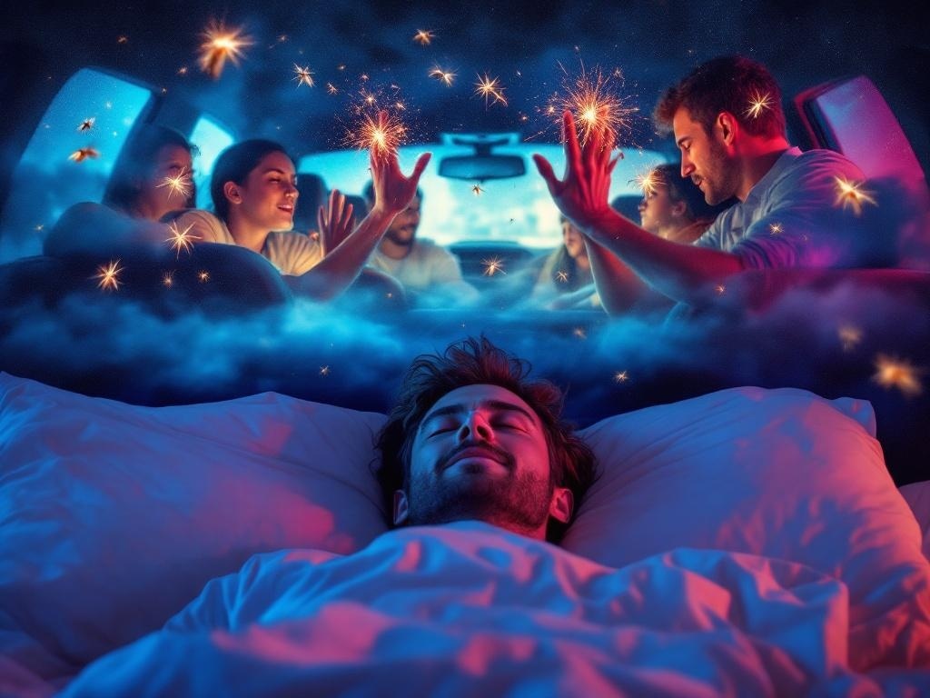    К чему такое снится: На картине изображена сцена в машине: группа людей, среди которых один мужчина, энергично машет руками, пытаясь убить комаров. Внимание акцентировано на его активных