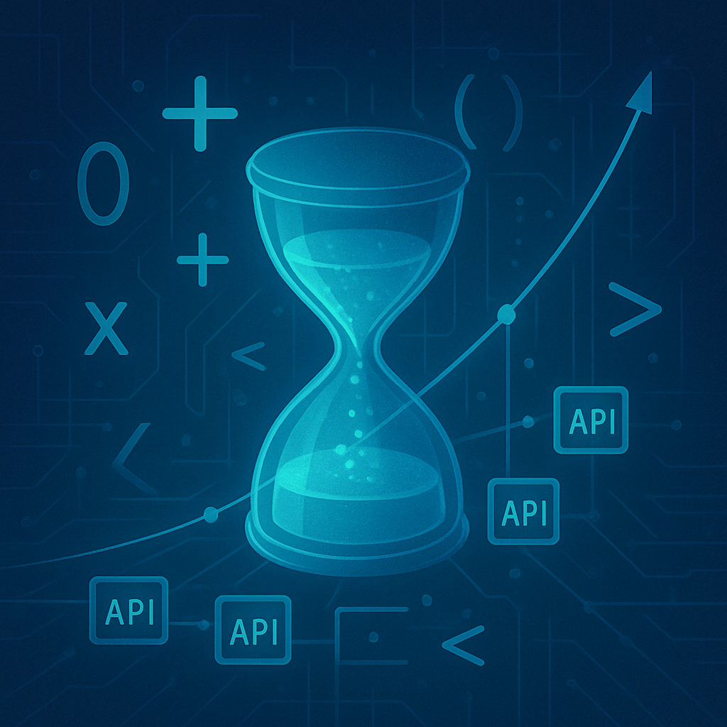 Часовые часы с бегущими «запросами» и парящими математическими знаками на фоне плат схемы изображают, как диофантовы неравенства помогают соблюсти лимиты API во времени.