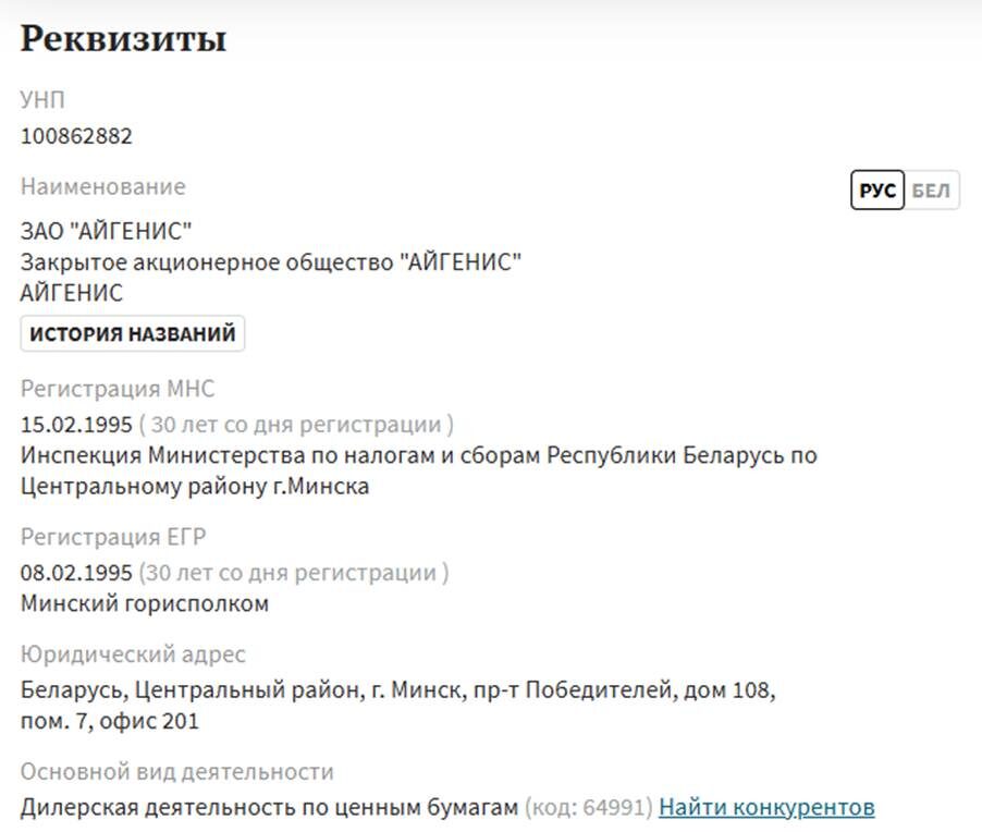    Реквизиты компании на сайте Картотека