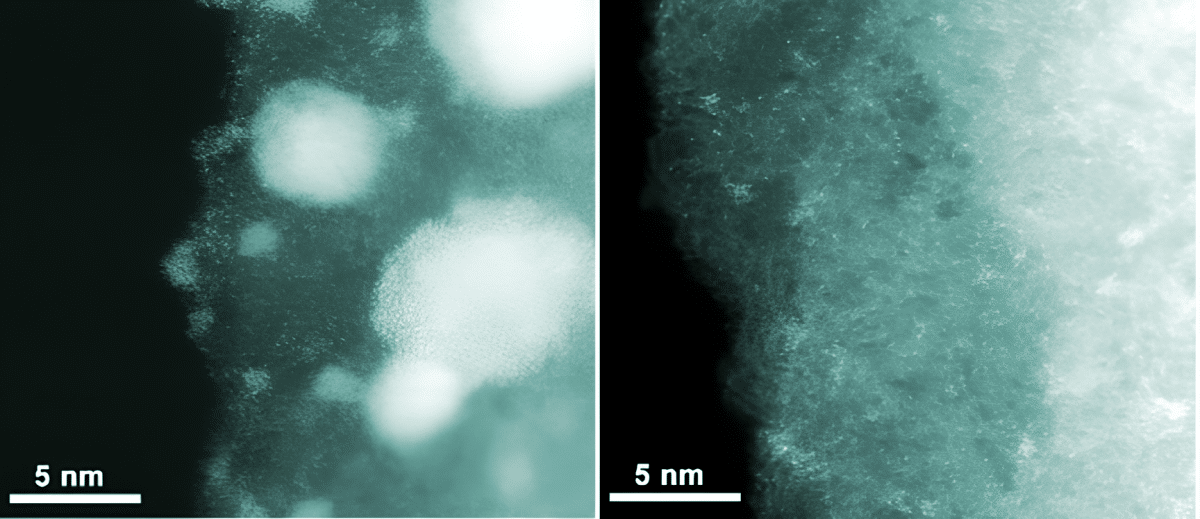    Окрашенный снимок с просвечивающего электронного микроскопа. На бирюзовом фоне (углерод) видны белые крапинки — отдельные атомы и наночастицы палладия. В эффективном катализаторе (слева) частицы палладия хорошо различимы на поверхности, а в неэффективном (справа) — металл заперт в микропорах углерода и малодоступен для участия в реакциях / © Дарья Чернышева и др., ChemSusChem (2025, e202500736, Wiley-VCH GmbH; отредактировал Николай Посунько, Skoltech PR