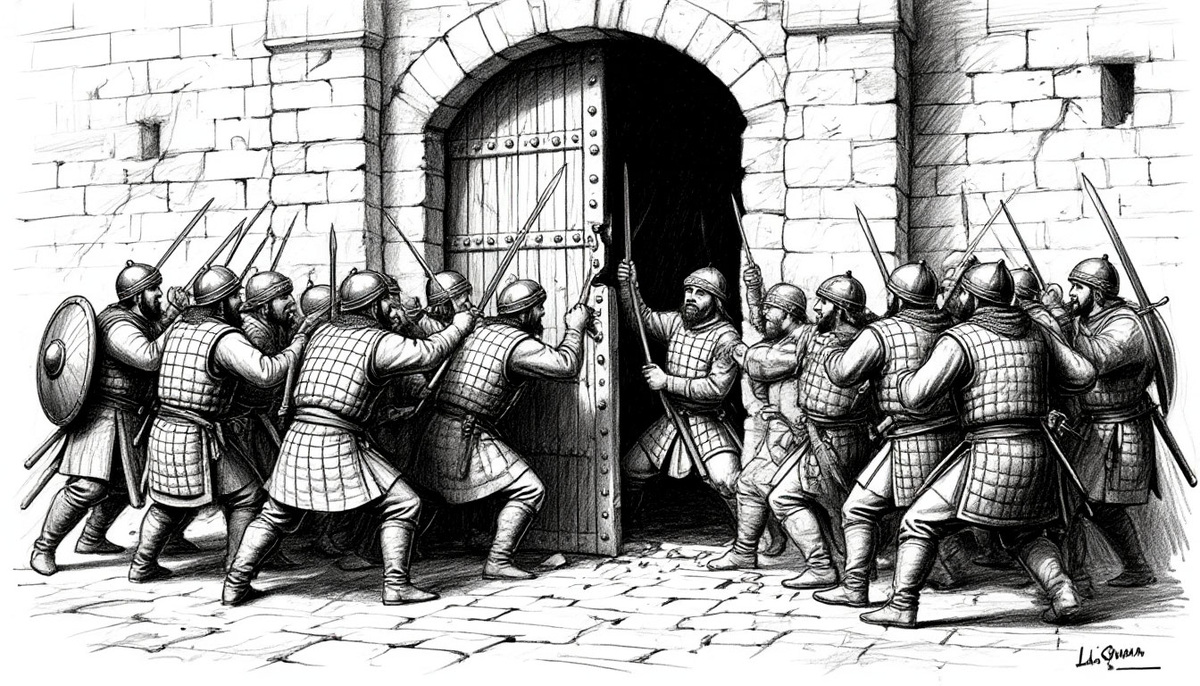 Воины Османа разделяются: одна группа ищет пленников в подземельях, другая начинает штурм главного храма монастыря.
