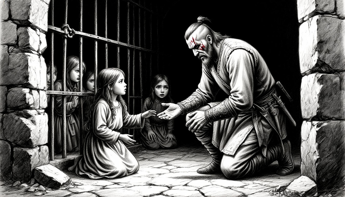 Аксунгар и его воины находят в подземельях монастыря измученных пленников, включая женщин и детей