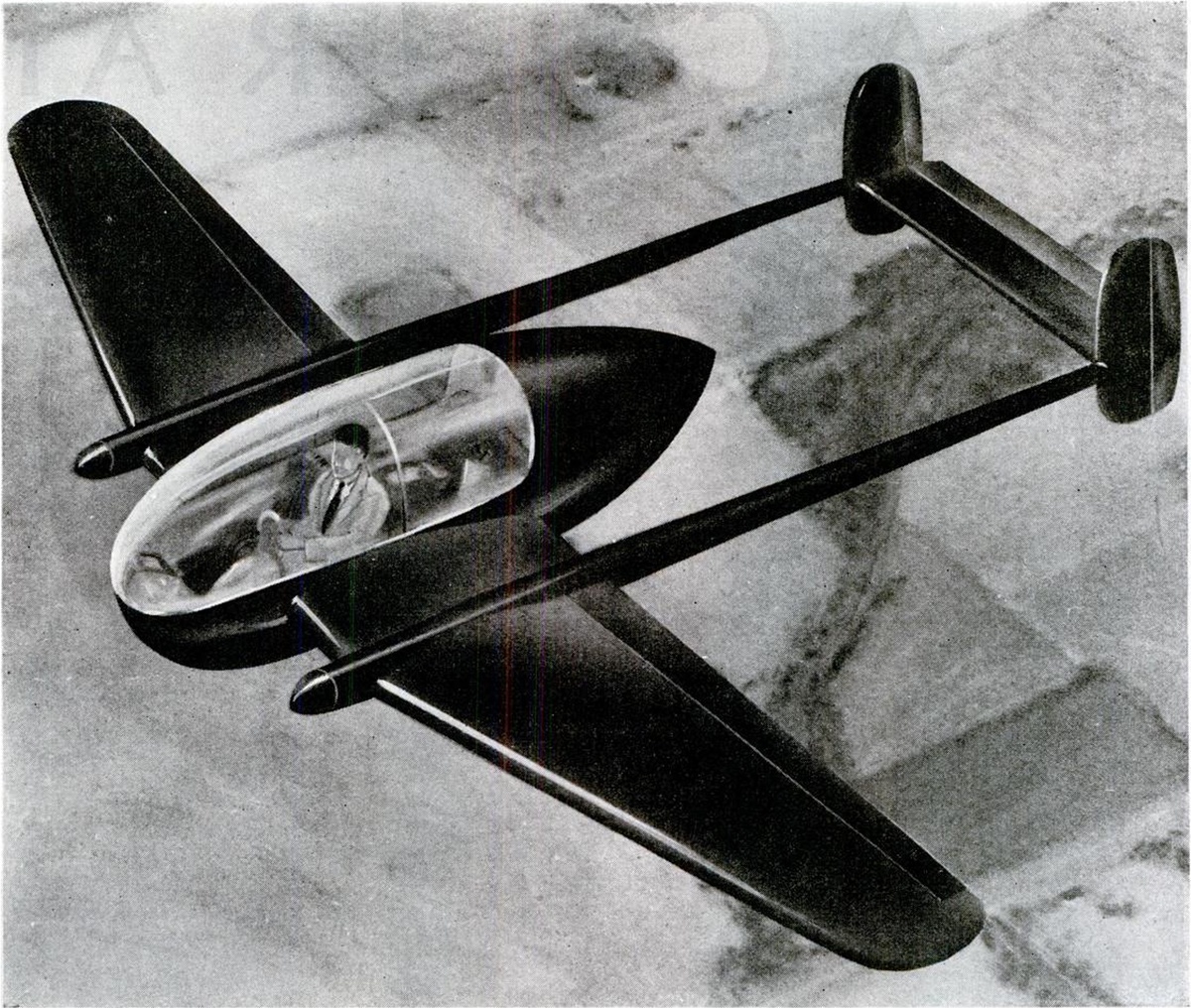 влияние истребителя Lockheed Lightning является преобладающим в этом послевоенном проекте, оснащенном двумя 75-сильными турбинами внутреннего сгорания и представленном художником компании Aeronca. Г-н Холл подчеркивает, что пройдет еще немало лет, прежде чем появятся такие революционные частные самолеты