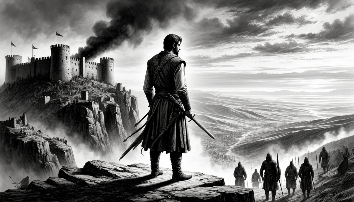 На рассвете после штурма Осман и его воины стоят на дымящихся руинах уничтоженного монастыря-крепости