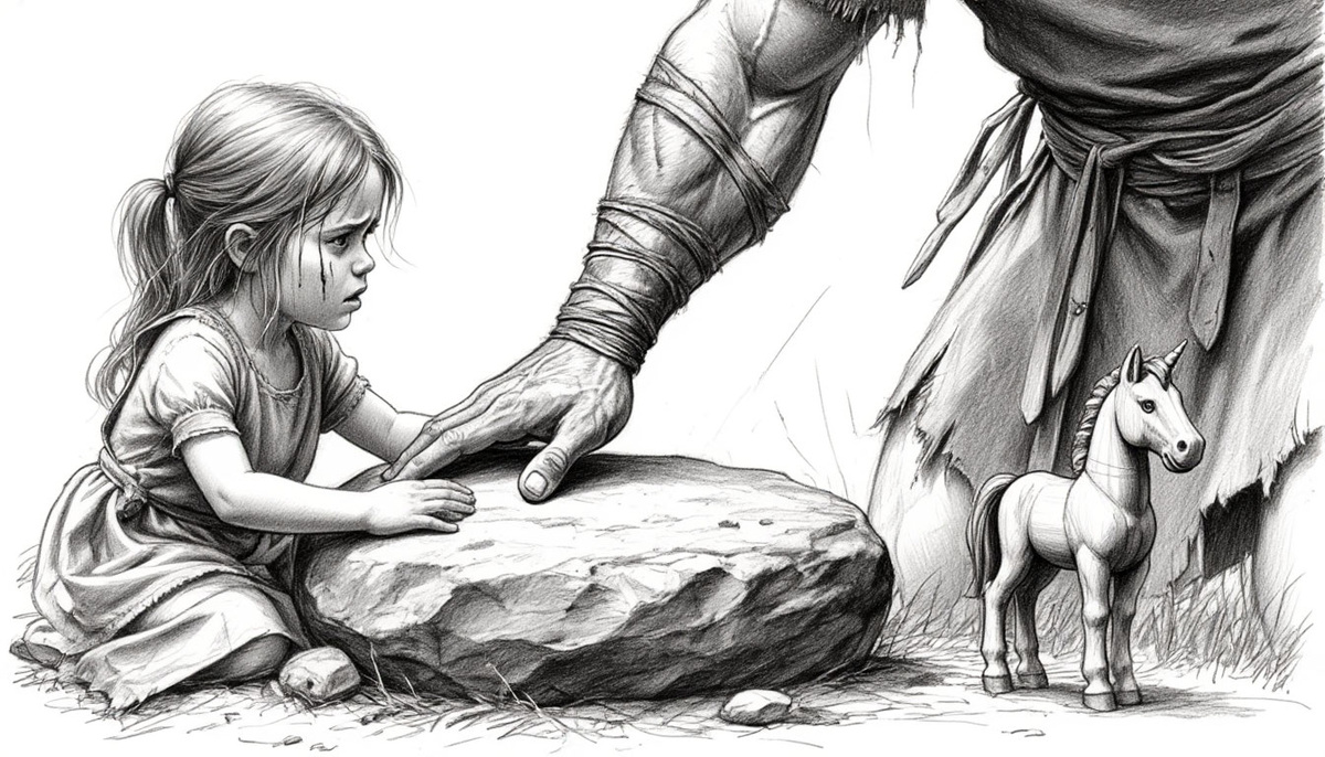 Воин Аксунгар заботится о спасенной из плена маленькой девочке, возвращая ей ее игрушку