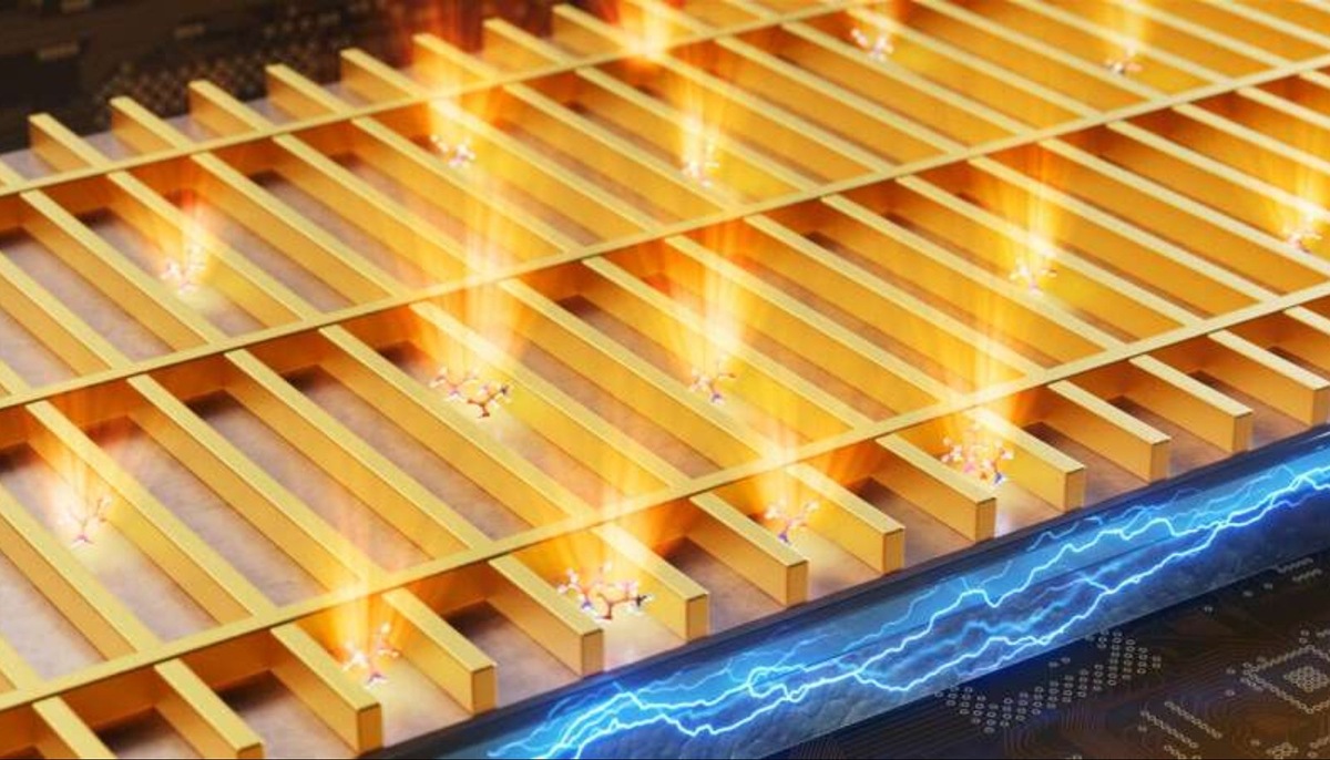    Принцип действия нового биопроцессора: метаповерхность из золотых нанопроволок управляет квантовым излучением света и концентрирует полученные световые волны для обнаружения биомолекул