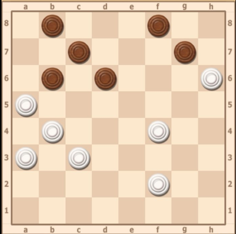 1... F6 (1... DC5? 3.C7X) 2.G3 G5 3.H4 4.D4 5.G5 E7 6.F6 7...E5=