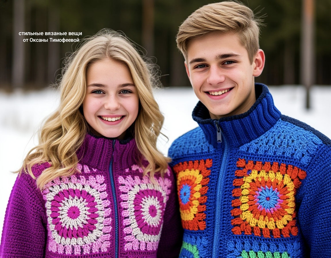Вязаные куртки из мотивов крючком от Оксаны Тимофеевой