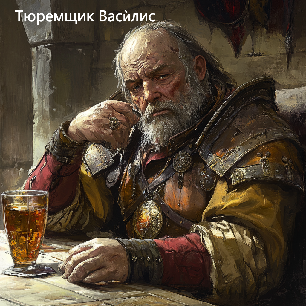 Тюремщик Василис, когда-то гордый рыцарь короля, теперь лишь тень своей прежней славы. Его мощное телосложение и мужественные черты лица всё ещё напоминают о днях былой доблести и чести, но взгляд его потускнел, а осанка стала неуверенной. Каждое утро Василис начинает с глотка дешёвого спиртного. Его обязанности выполняются спустя рукава: ключи и документы часто теряются, а заключённые нередко пользуются его невнимательностью, чтобы нарушить порядок. Пьяные глаза Василиса иногда затуманиваются воспоминаниями о былых подвигах и славных битвах. В такие моменты он может взяться за старый меч, и начать размахивать им в воздухе, словно снова стоит на поле боя. Но эти минуты быстро проходят, и реальность вновь погружает его в пьяный мрак.