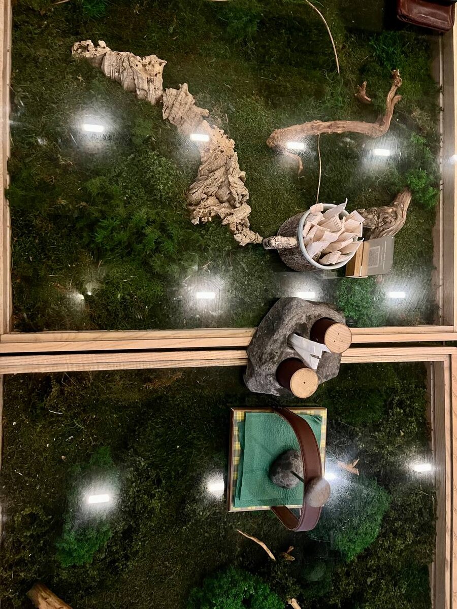 стеклянный стол с подложкой из мха и кореньев