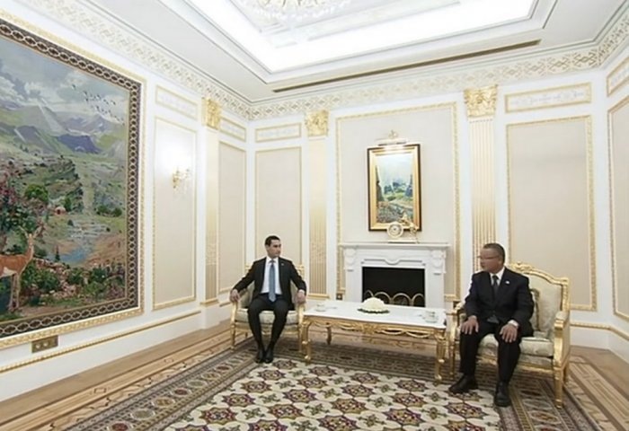 Встреча Президента Туркменистана Сердара Бердымухамедова с председателем совета директоров корпорации Toyo Engineering Харуо Нагамацу, 29 июня 2025 года, Ашхабад, Туркменистан (Фото: Watan habarlary)