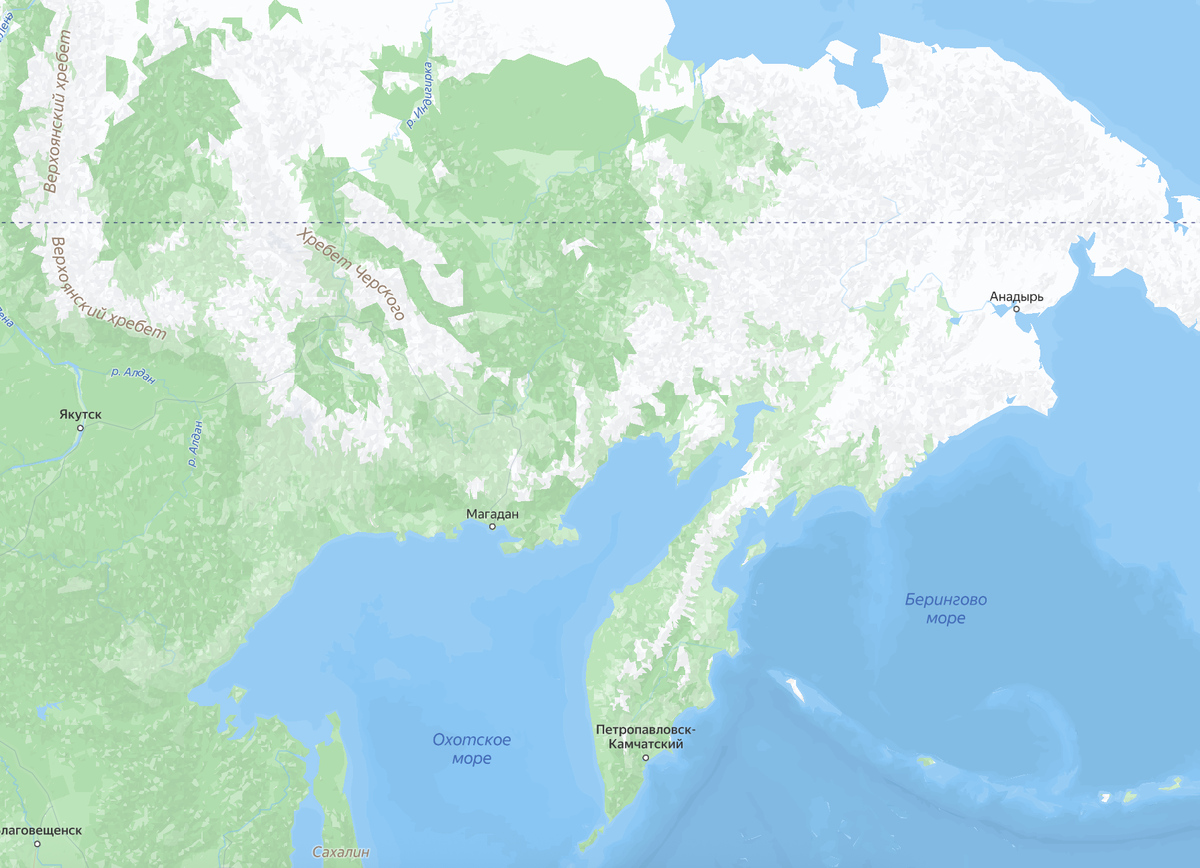 Карта местности. Можно увидеть что городов и крупных населенных пунктов между Якутском, Магаданом и Анадырем нет