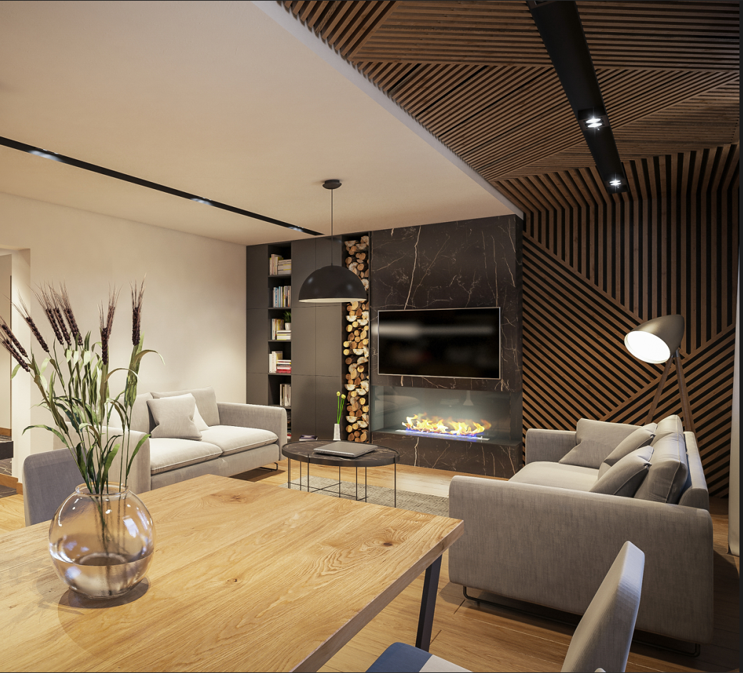 Кубообразная рейка в гостиной, потолок/стена