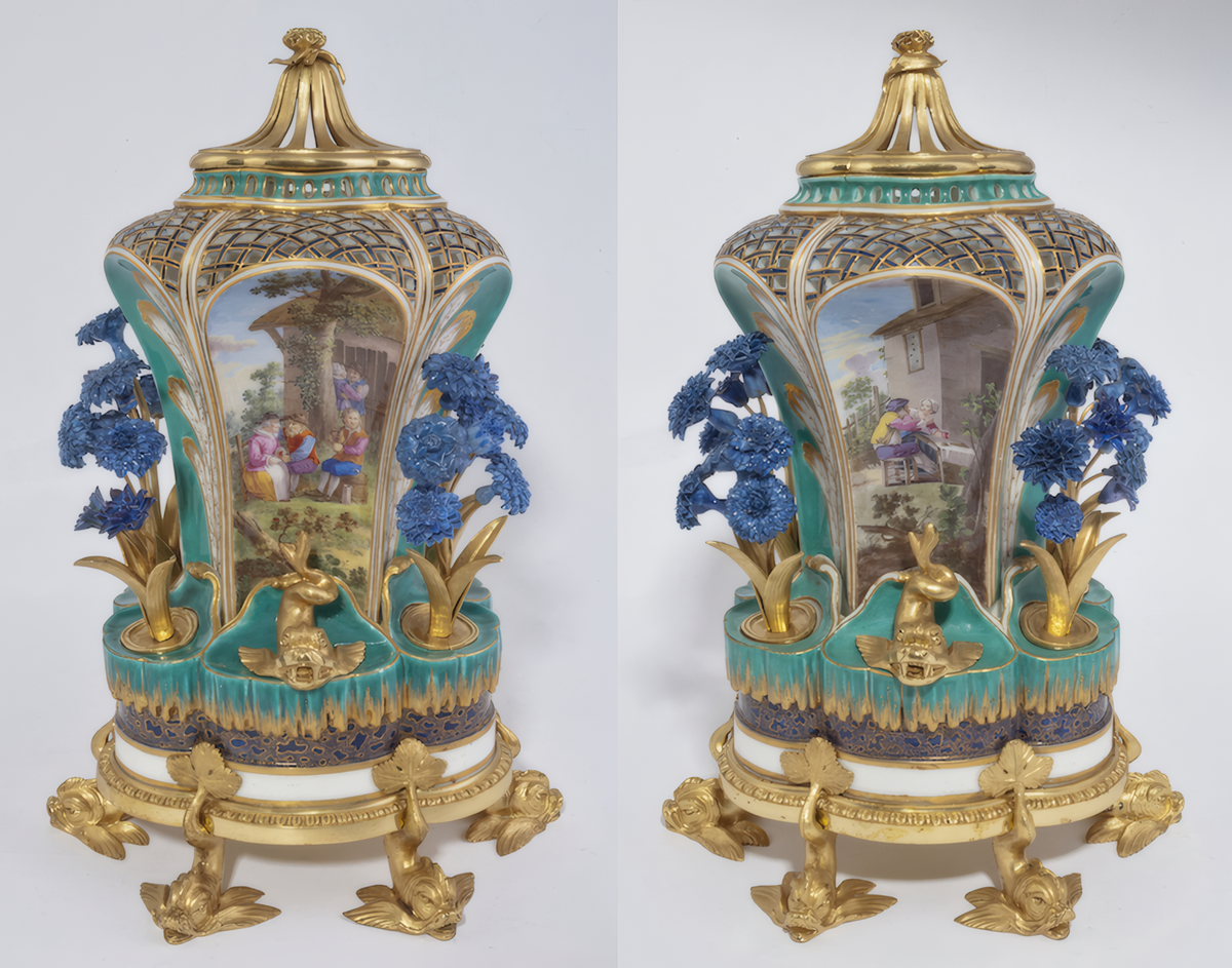 Изящная ваза-попурри «фонтан с дельфином» (Vase pot-pourri fontaine à dauphin) Севрского фарфора, расписанная Шарлем-Николя Доденом, 1760 г. Вероятно, эта пара была частью гарнитура, принадлежавшего маркизе де Помпадур. (фото: С любезного разрешения герцога Бакклю и Куинсберри KBE)