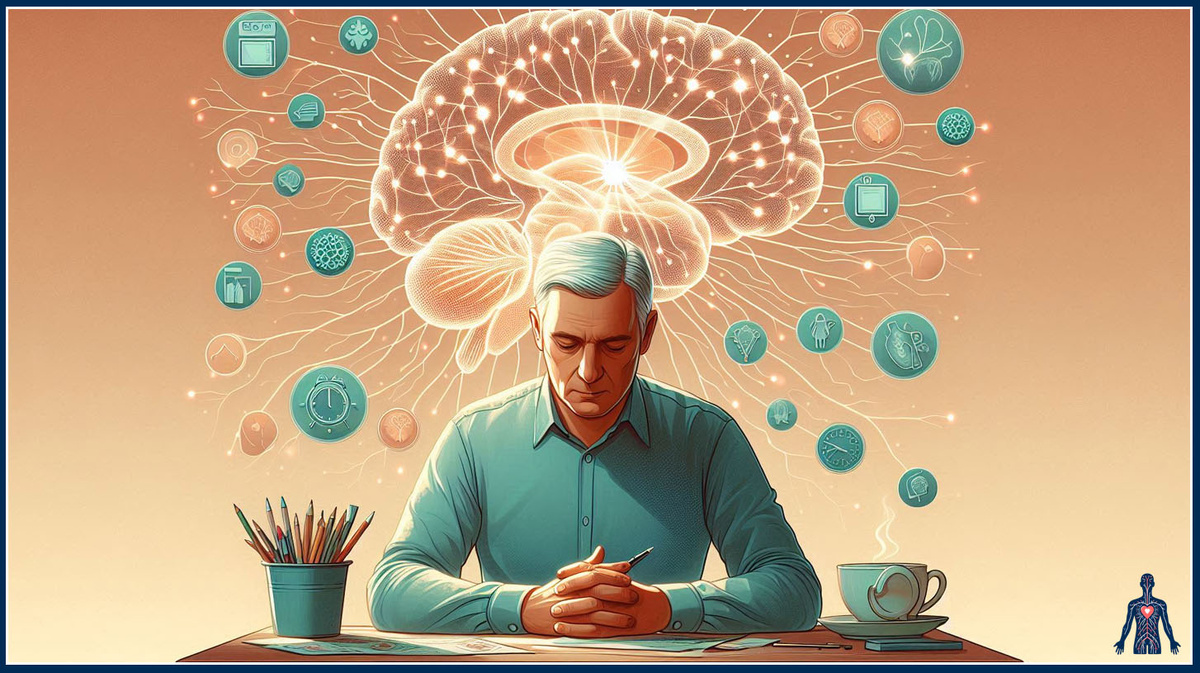 Персонаж средних лет сидит за столом