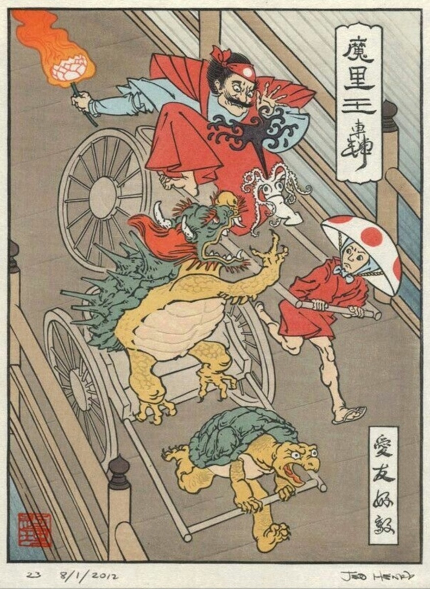 Гравюра из проекта Ukiyo-e Heroes с персонажами из игры Mario Kart (из публичных источников)