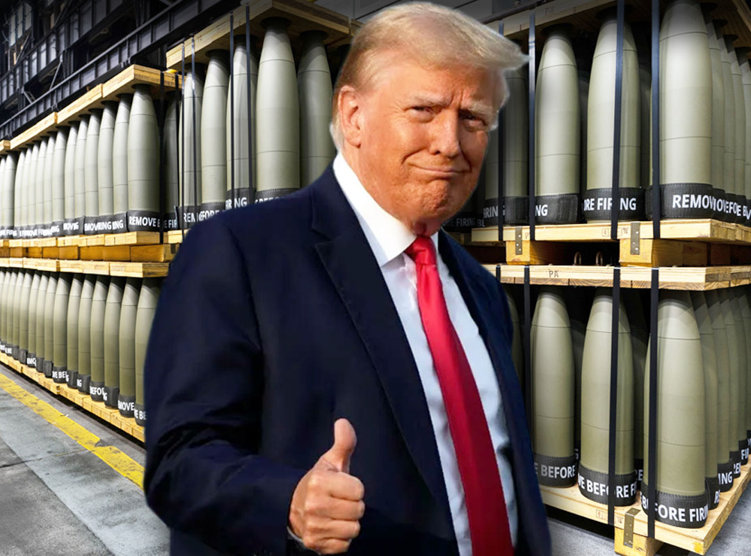 used images: NATO Secretary General Mark Rutte at 2025 NATO Summit in The Hague (on main page, www.nato.int), Donald Trump, produced artillery shells // Internet