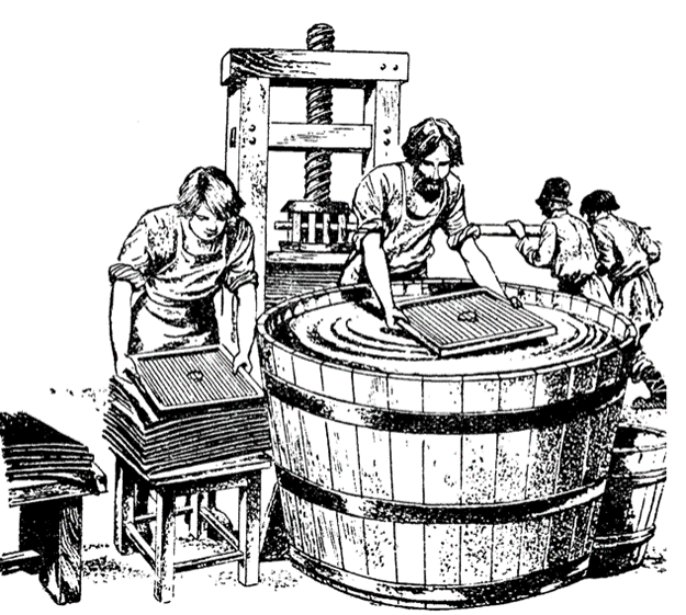 Бумажная мастерская. В чане перемолотая мельничными жерновами тряпичная масса.
Мастер зачерпывает ее сеткой. Его помощник выкладывает из сетки мокрый лист на кусок войлока.
Кипу таких листов отжимают под ручным прессом.