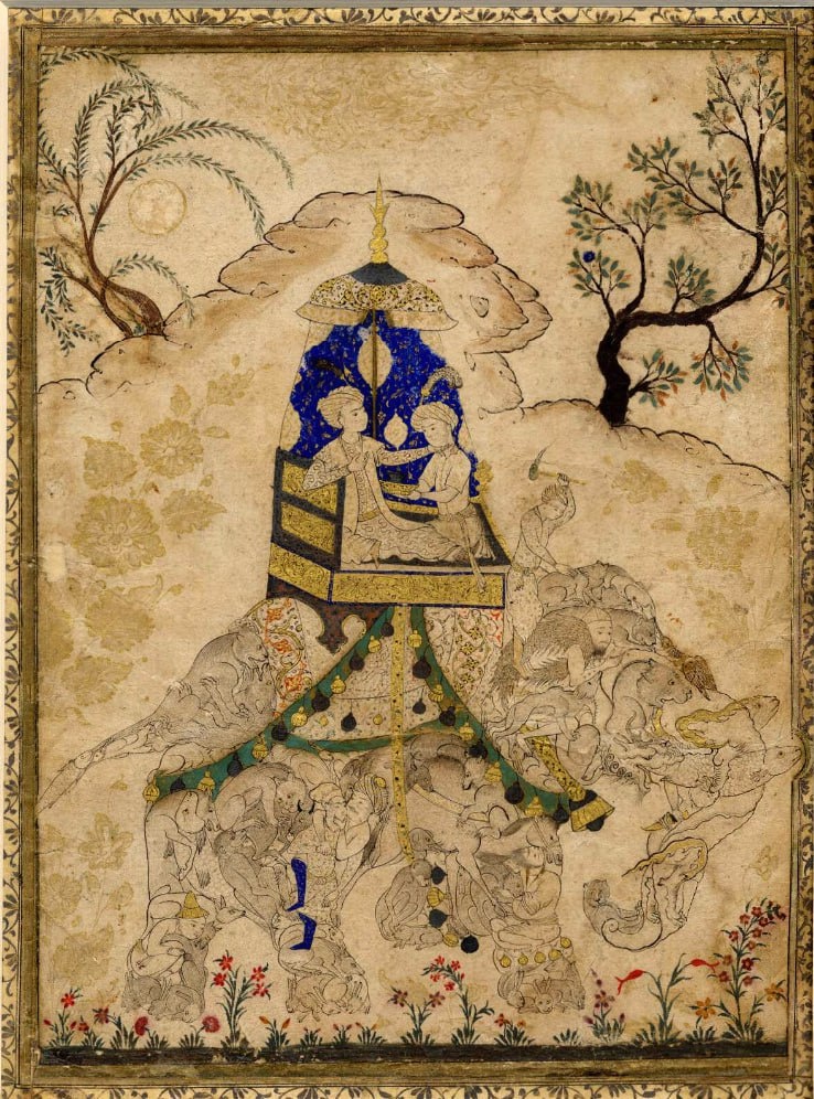 Принц и его слуга путешествуют на слоне. Иран, 1580-1590-ые гг. 
Школа Тебриза. Британский музей (англ. The British Museum), Лондон. Учётный номер: 1937,0710,0.328. Эл. ресурс URL: https://www.britishmuseum.org/collection/object/W_1937-0710-0-328