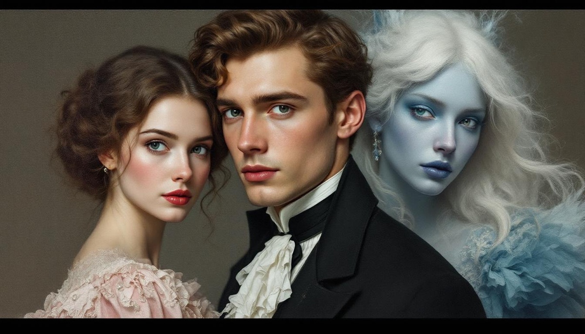 В иллюстративных целях. Александр Блок, Любовь Менделеева и "Снежная Дева", нарисованные нейросетью.