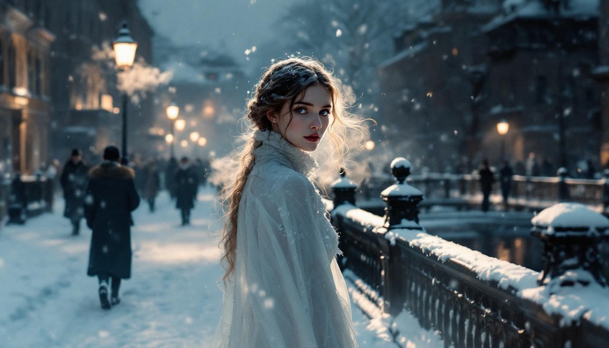 В иллюстративных целях. Наталья Волохова в образе "Снежной Девы" на улицах Петербурга, нарисованная нейросетью.