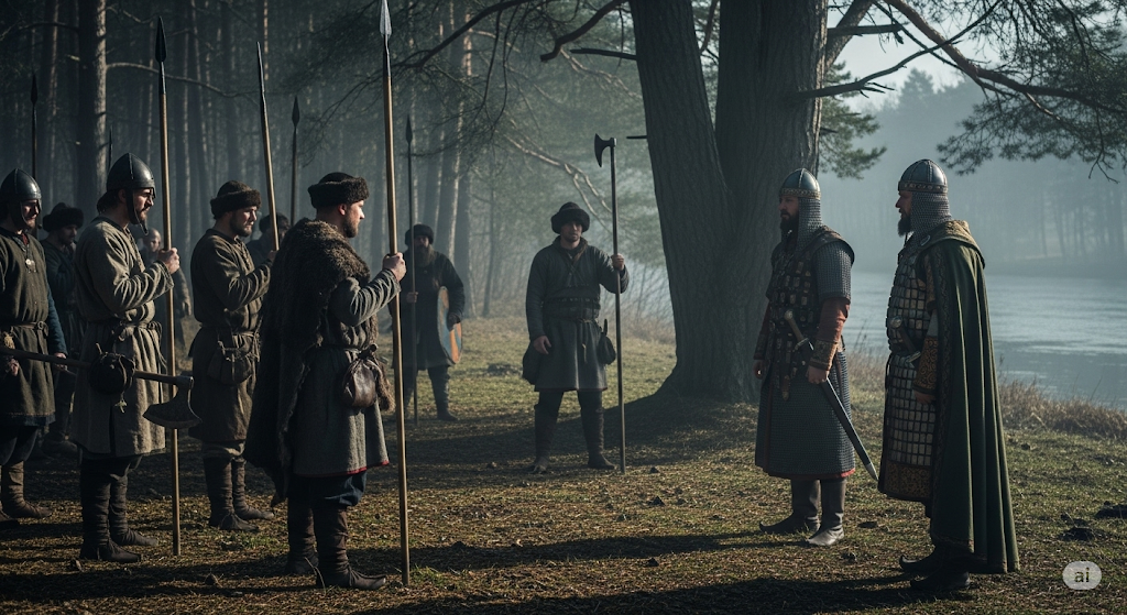 Встреча дреговичей с дружиной Киевской Руси в лесной долине, напряжённая сцена.