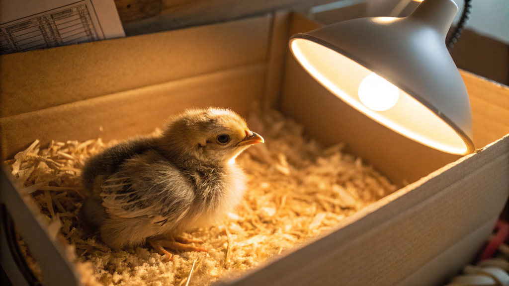 Маленький слабый цыплёнок сидит в тёплой коробке под мягким светом лампы
