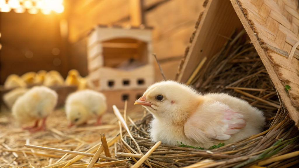 Слабенький цыплёнок не проявляет активность и старается уедениться