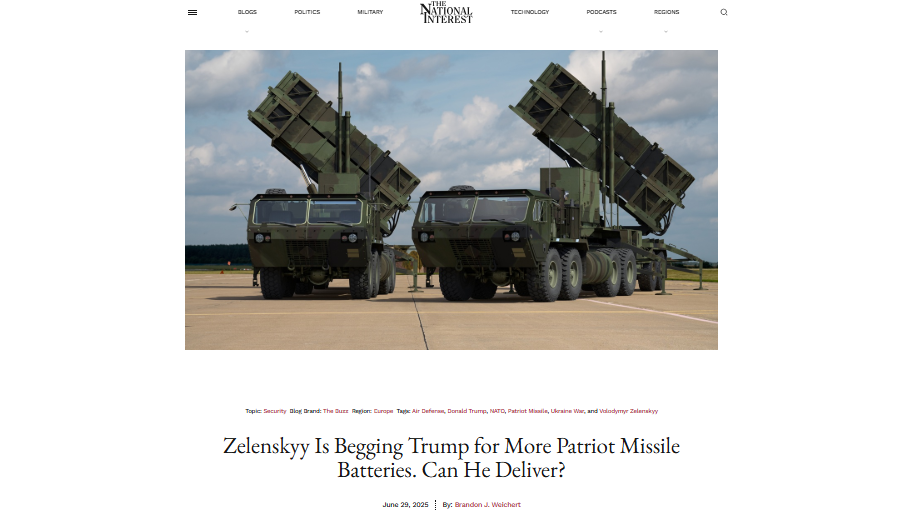     Зеленский молит Трампа предоставить больше батарей Patriot. Может ли он обеспечить поставки? / Скриншот страницы сайта The National Interest