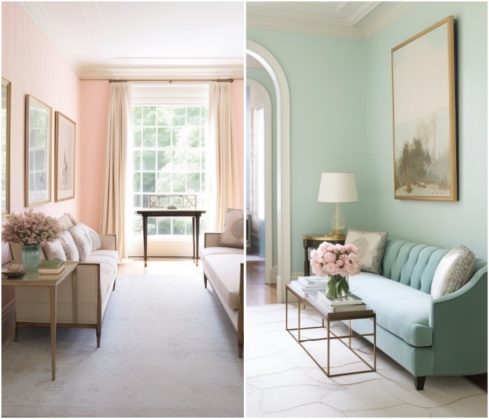Варианты гостиной в розовых и мятных тонах. / Фото: gp-decor.ru