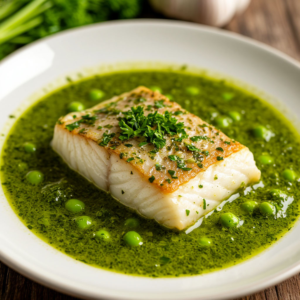 Хек в зелёном чесночном соусе
