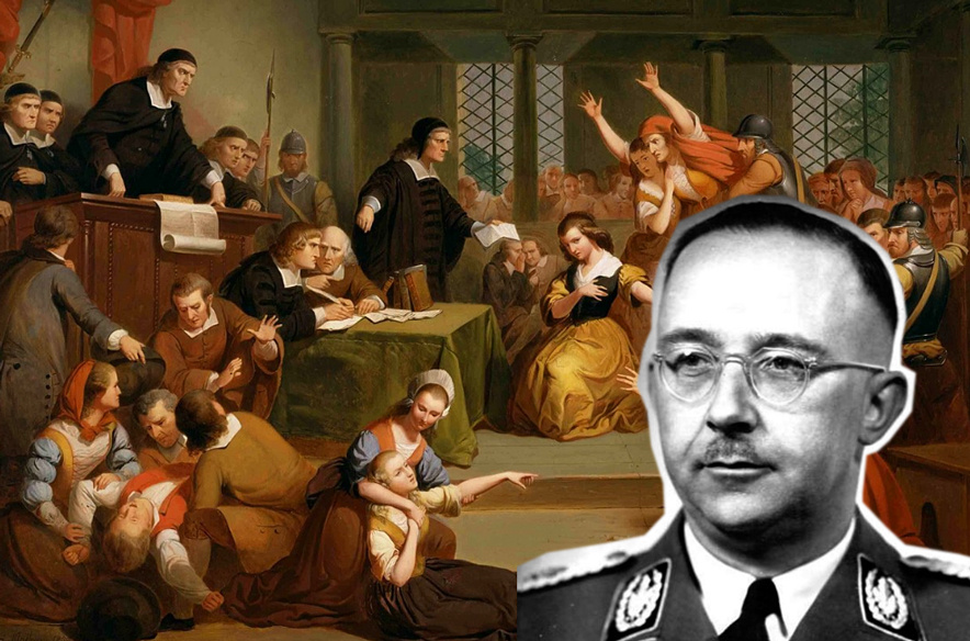 Гиммлер на фоне картины, изображающей один из самых известных процессов над ведьмами. Атрибуция исходного фото, использованного для авторского коллажа. - Bundesarchiv, Bild 183-S72707 / CC-BY-SA 3.0. Автор картины, написанной в 1855 году - Thomkins H. Matteson.