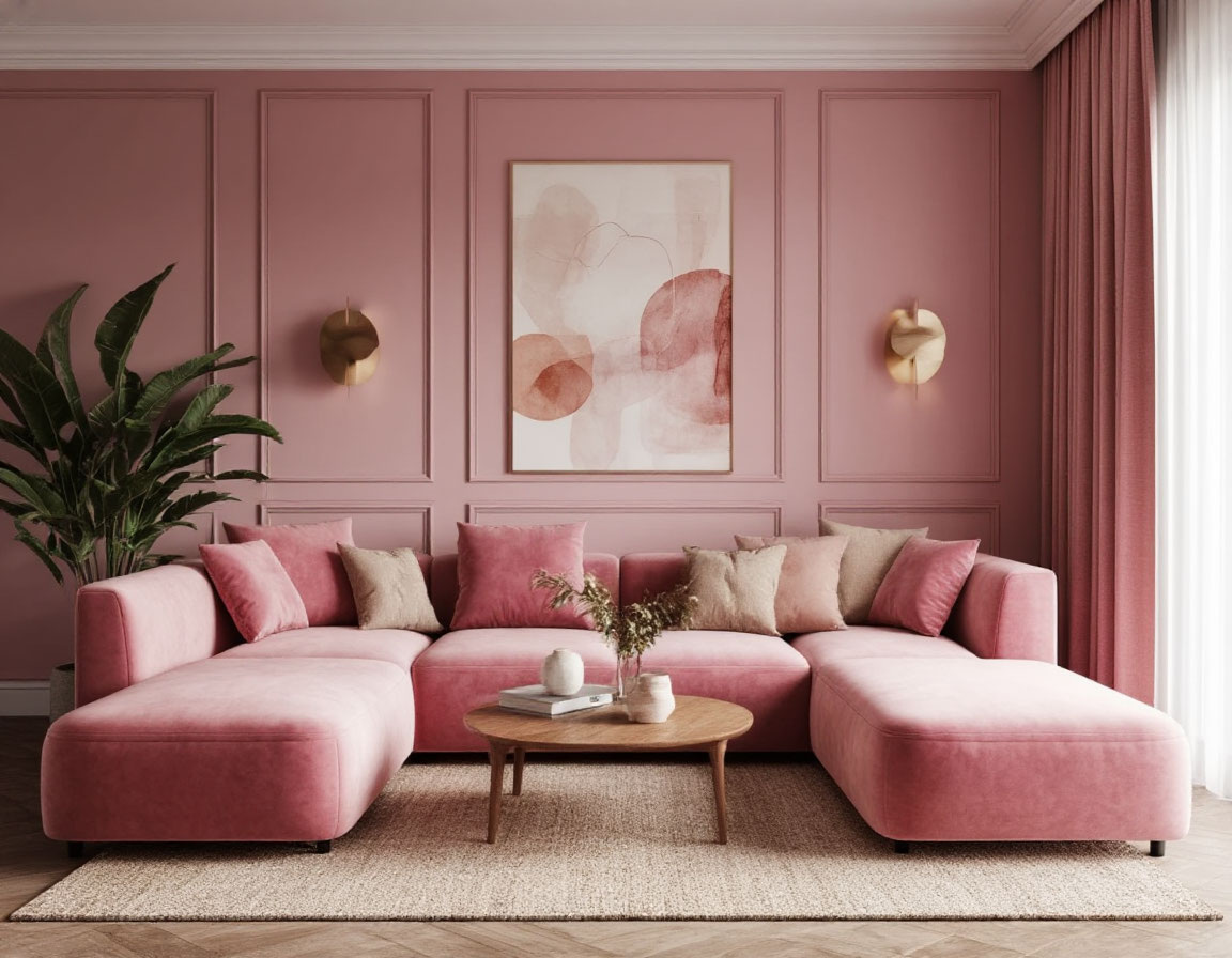 Розовый и бежевый — изысканное сочетание, которое наполняет гостиную светом и уютом. 