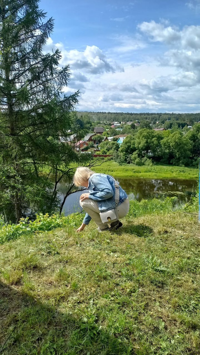 А это я землянику собираю. Траву скосили, а она лежит на зеленой подушке -ароматная, краснобокая. Парк этот в г. Руза. Ездила я не с соседкой, а с сестрой и машина фельдшерская там была и давление меряли и разговоры добрые были и тишина. 