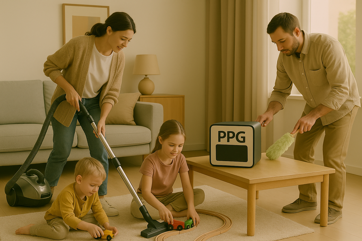 Семья дома, дети играют на полу, родители убирают пыль, на столе — устройство PPG, подчеркивающее контраст между традиционной уборкой и современной технологией.