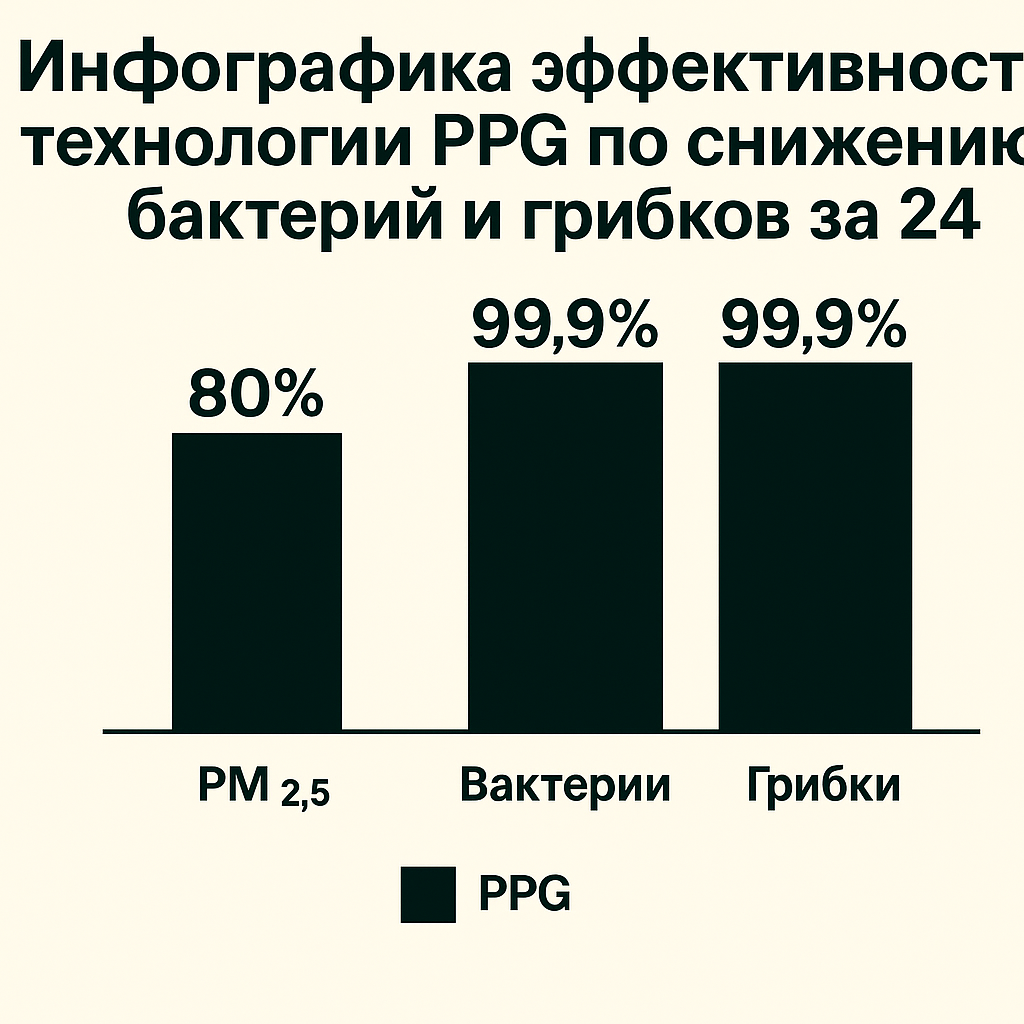 Инфографика сравнения эффективности технологии PPG по снижению PM2.5, бактерий и грибков за 24 часа