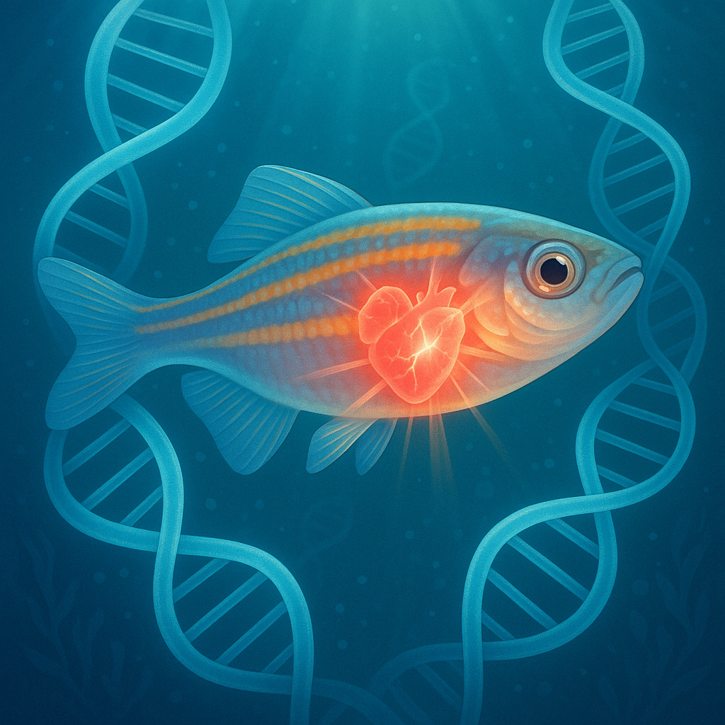 Зебрафиш плывёт в лучах подводного света, внутри его полупрозрачного тела ярко сияет восстанавливающееся сердце, а вокруг плавно извиваются светящиеся спирали ДНК — символ генетического кода регенерации.