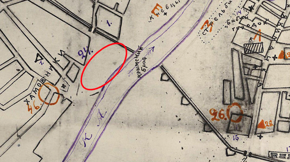 План г. Москвы около середины XVII в. Фрагмент. Красным цветом примерно обозначено будущее местоположение Ансамбля. Источник: http://www.etomesto.ru/map-moskva_1650/?y=55.733857&x=37.595801
