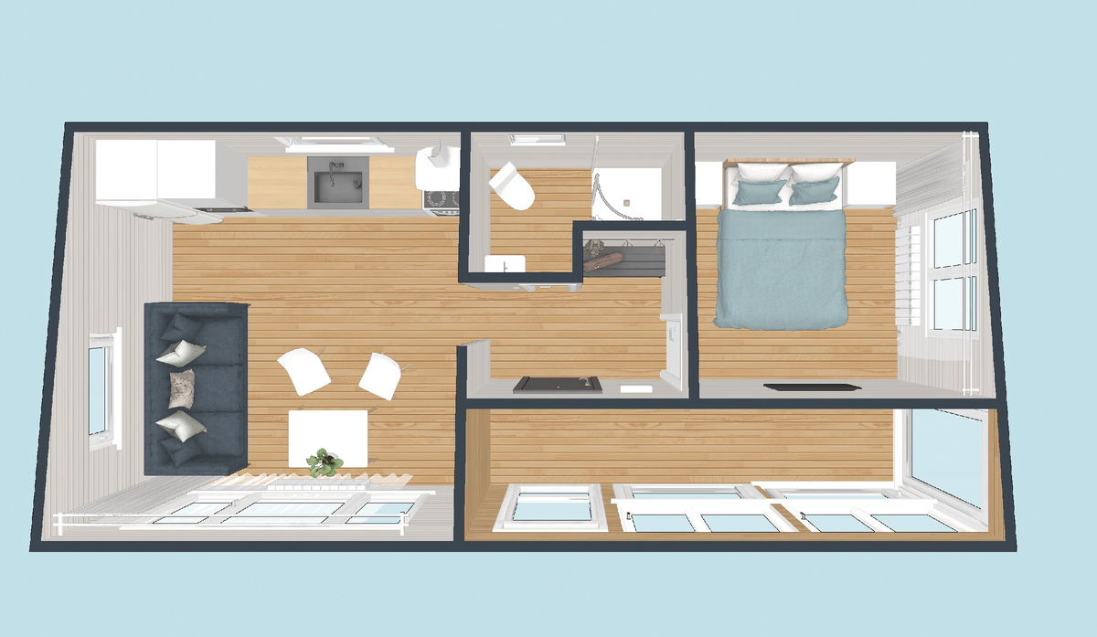 Студия 16 кв.м. / Спальня 8 кв.м. / Санузел 4кв.м. / Терасса 6.кв.м.