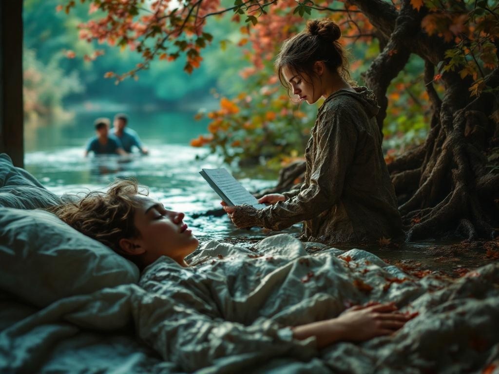    К чему такое снится: Женщина на берегу реки, стоящая грязная, но с чистыми документами в руках, спасаясь, держится за корни деревьев. В расфокусе виднеются сын с друзьями, игнорирующие е