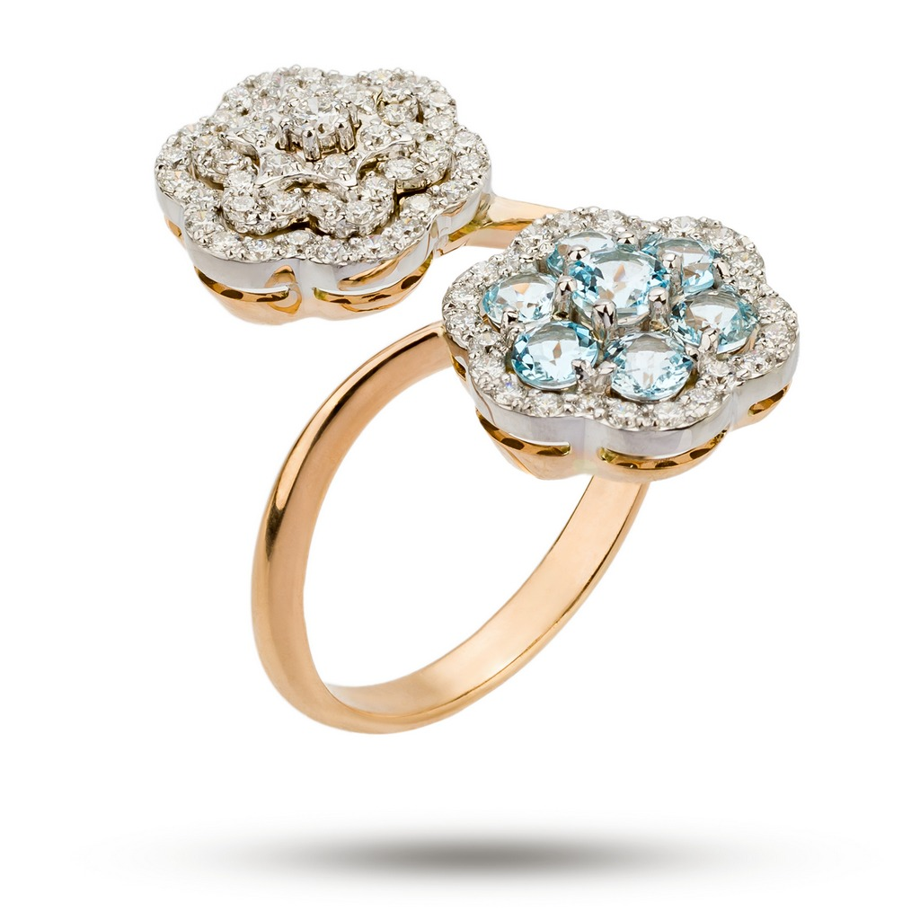 Авторское кольцо Поцелуйчики, бренда Denisov & Gems с камнем бриллиант 0,65ct,  0,045ct и топаз Sky в оправе из золота 585 пробы. Размер кольца 18,5 вес 5, 06 гр