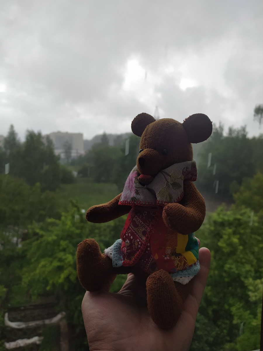 Вид с балкона на ливень. Мишутка уговаривает остаться дома, обняться и спать под шелест водного потока